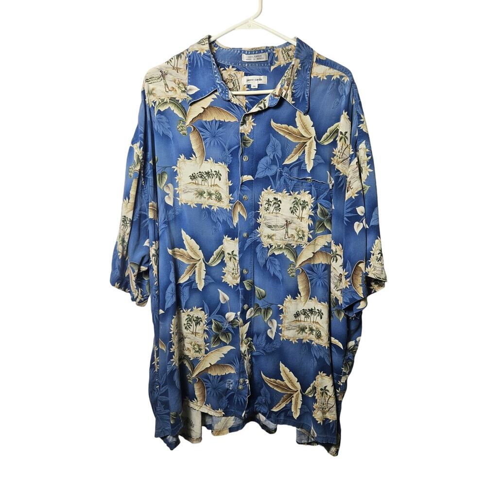 Pierre‎ Cardin Men's Hawaiian Short Sleeve Shirt Size 3XL Blue Floral Palms
